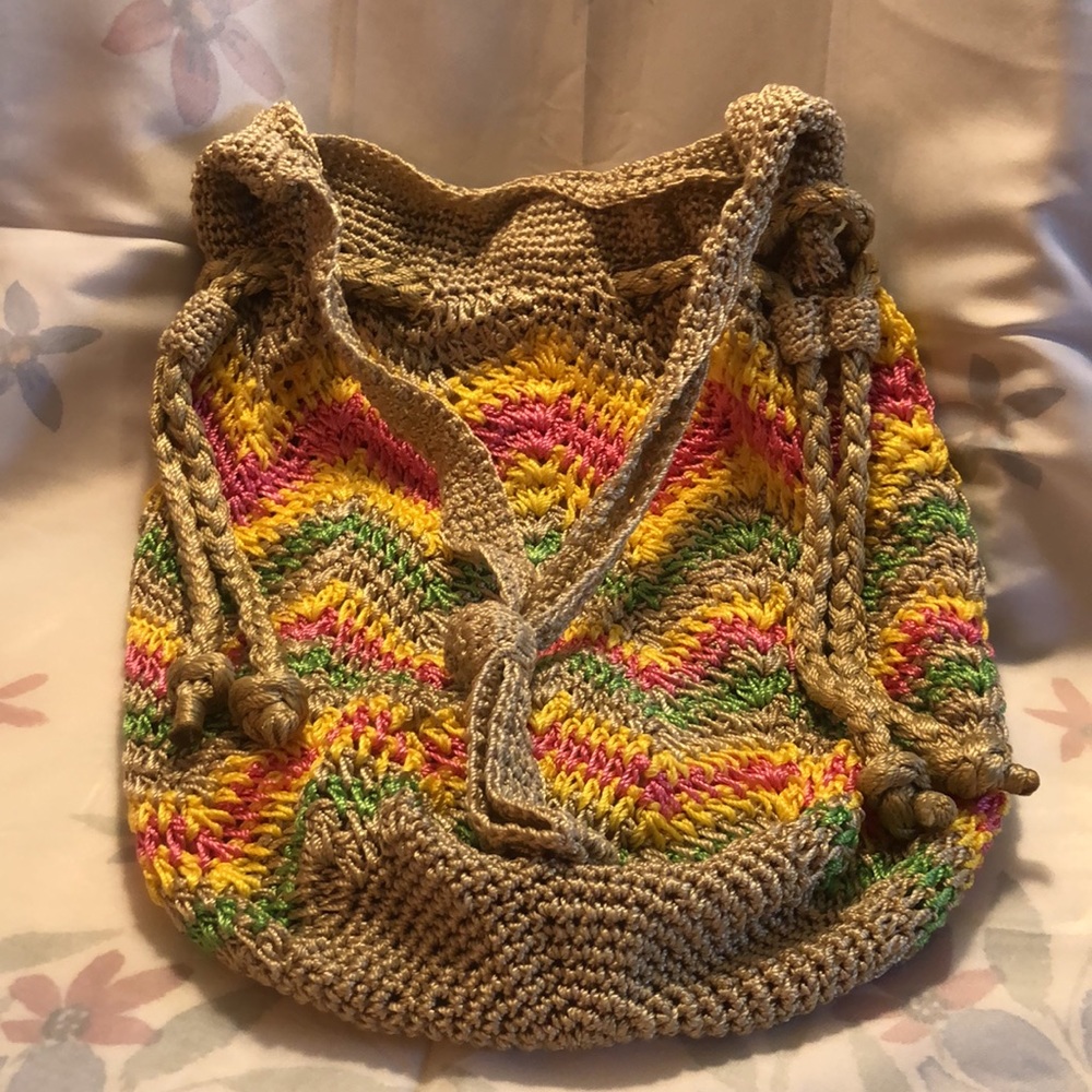Braciano Boho Crochet/Woven Rainbow Striped Braided Hippie Bag 16x13”-12” drop